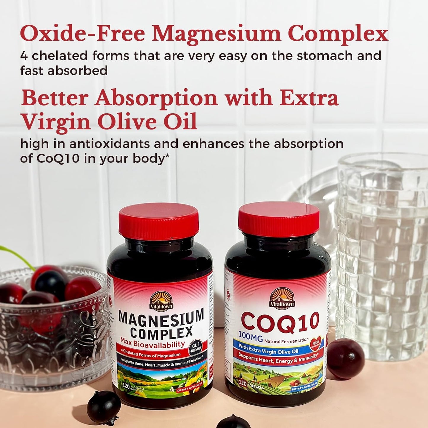 Vitalitown Heart Health Bundle: Magnesium 4-in-1 Complex and CoQ10 100 MG - 240 Capsules for Heart Support