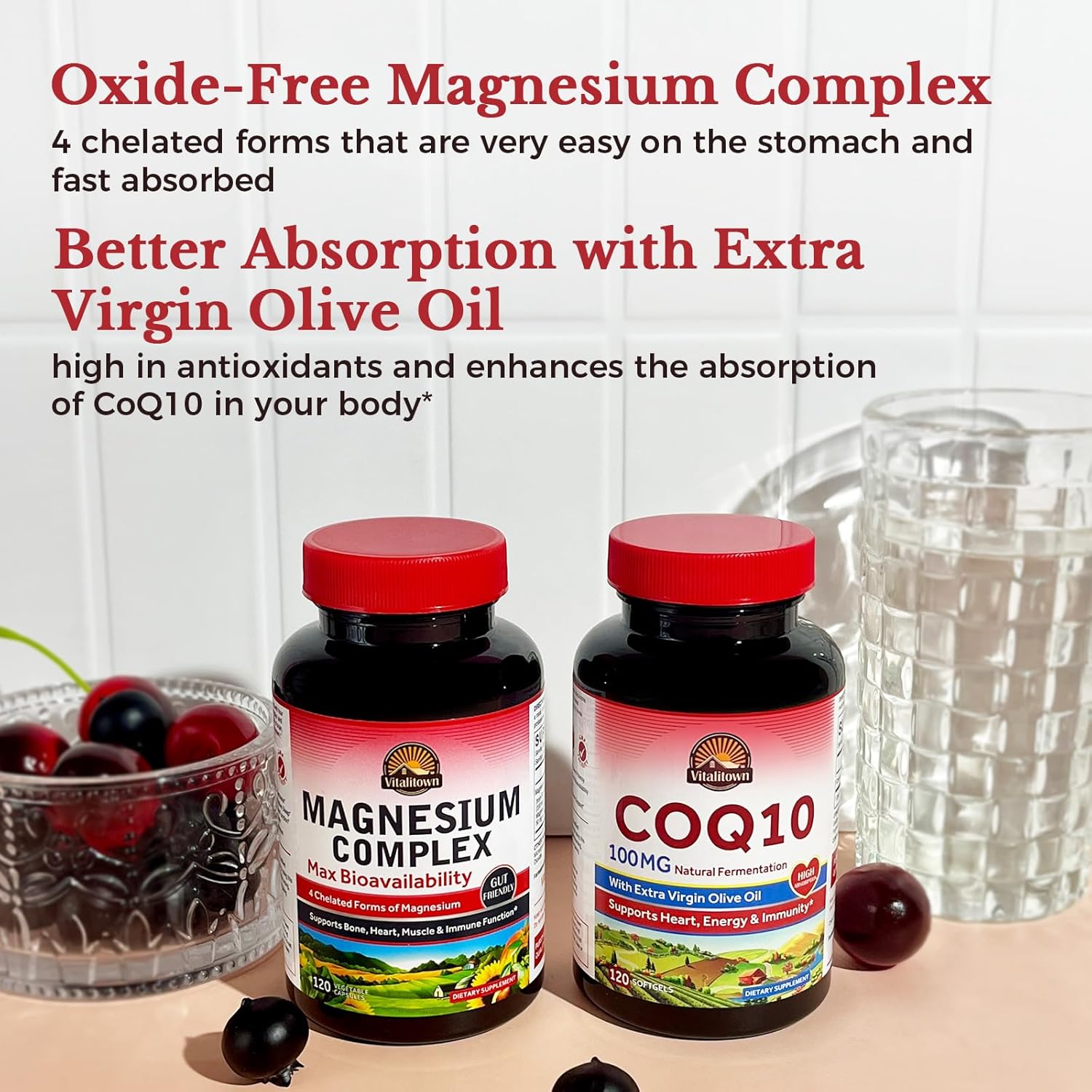 Vitalitown Heart Health Bundle: Magnesium 4-in-1 Complex and CoQ10 100 MG - 240 Capsules for Heart Support