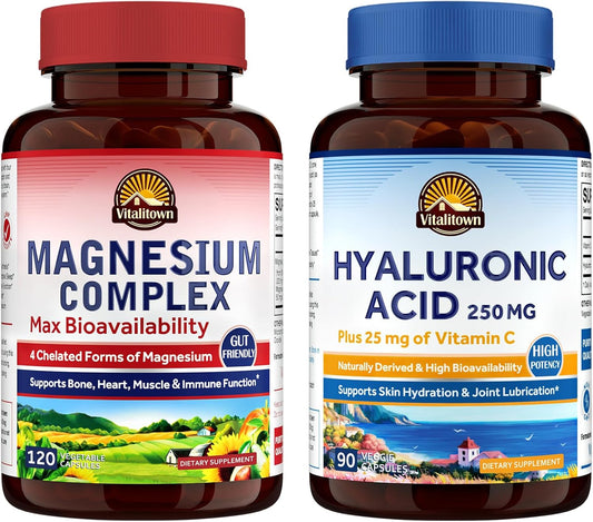 Vitalitown Magnesium Complex and Hyaluronic Acid Plus Vitamin C Bundle - 120 Magnesium Capsules & 90 Hyaluronic Acid Capsules