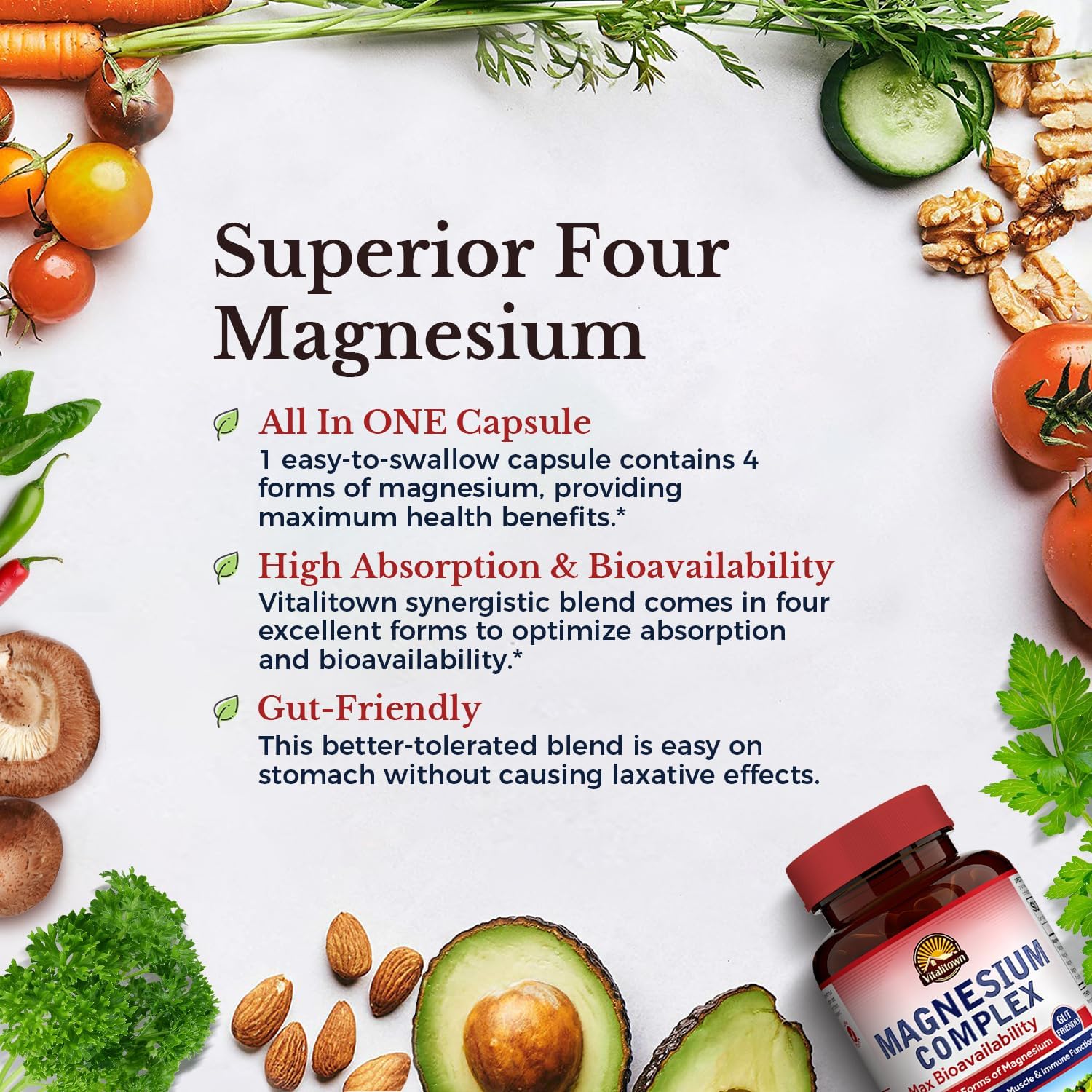 Vitalitown Magnesium Complex and Hyaluronic Acid Plus Vitamin C Bundle - 120 Magnesium Capsules & 90 Hyaluronic Acid Capsules