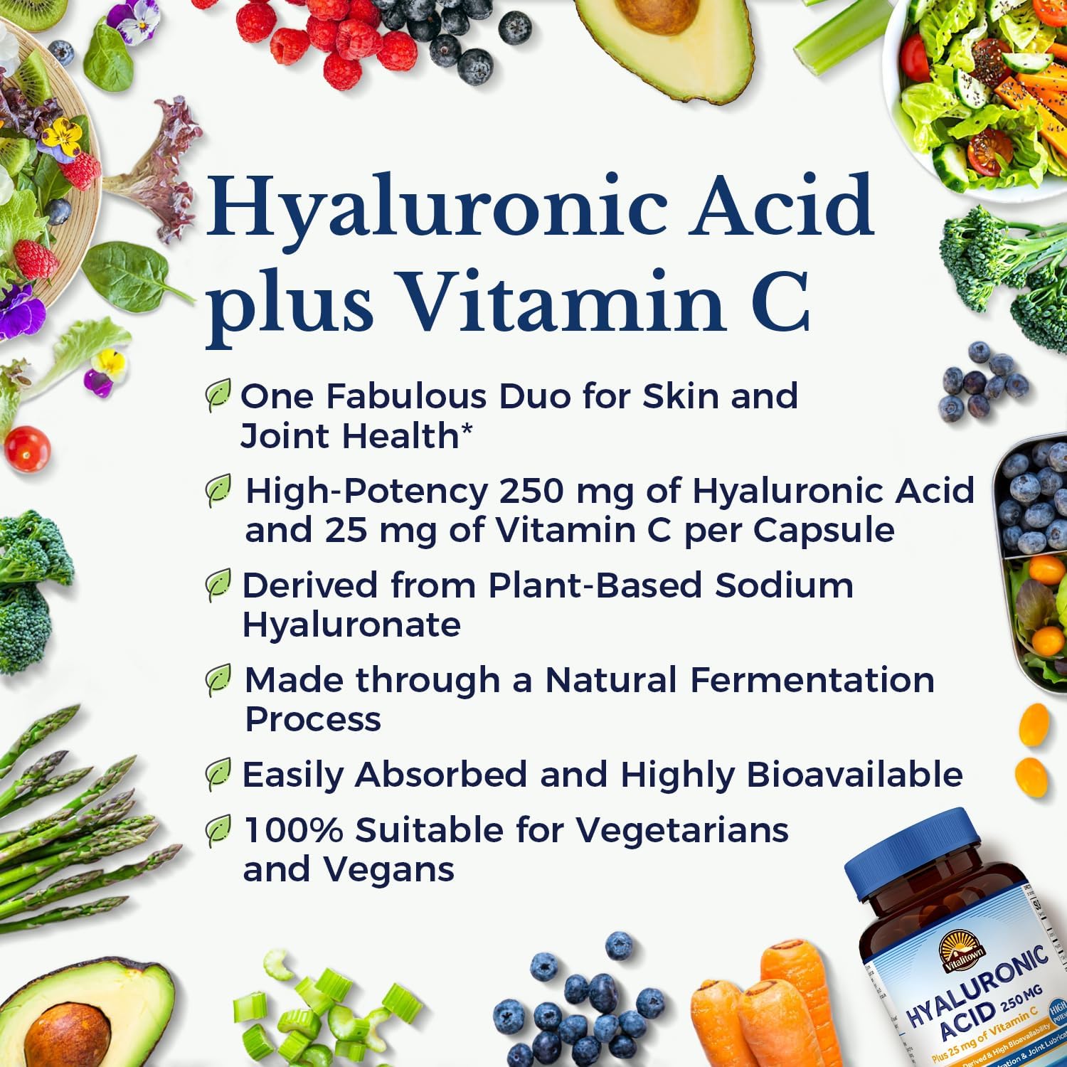 Vitalitown Magnesium Complex and Hyaluronic Acid Plus Vitamin C Bundle - 120 Magnesium Capsules & 90 Hyaluronic Acid Capsules