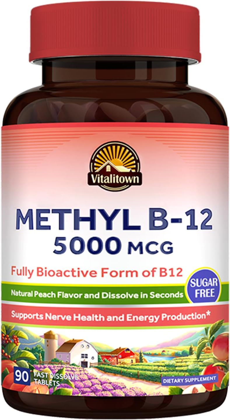 Vitalitown Methyl B12 5000 mcg Fast Dissolve Tablets, Natural Peach Flavor, Zero Sugar - Energy Production Support