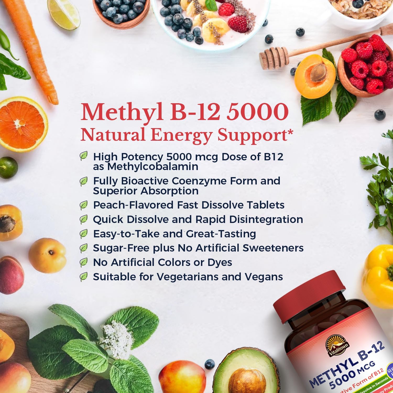Vitalitown Methyl B12 5000 mcg Fast Dissolve Tablets, Natural Peach Flavor, Zero Sugar - Energy Production Support