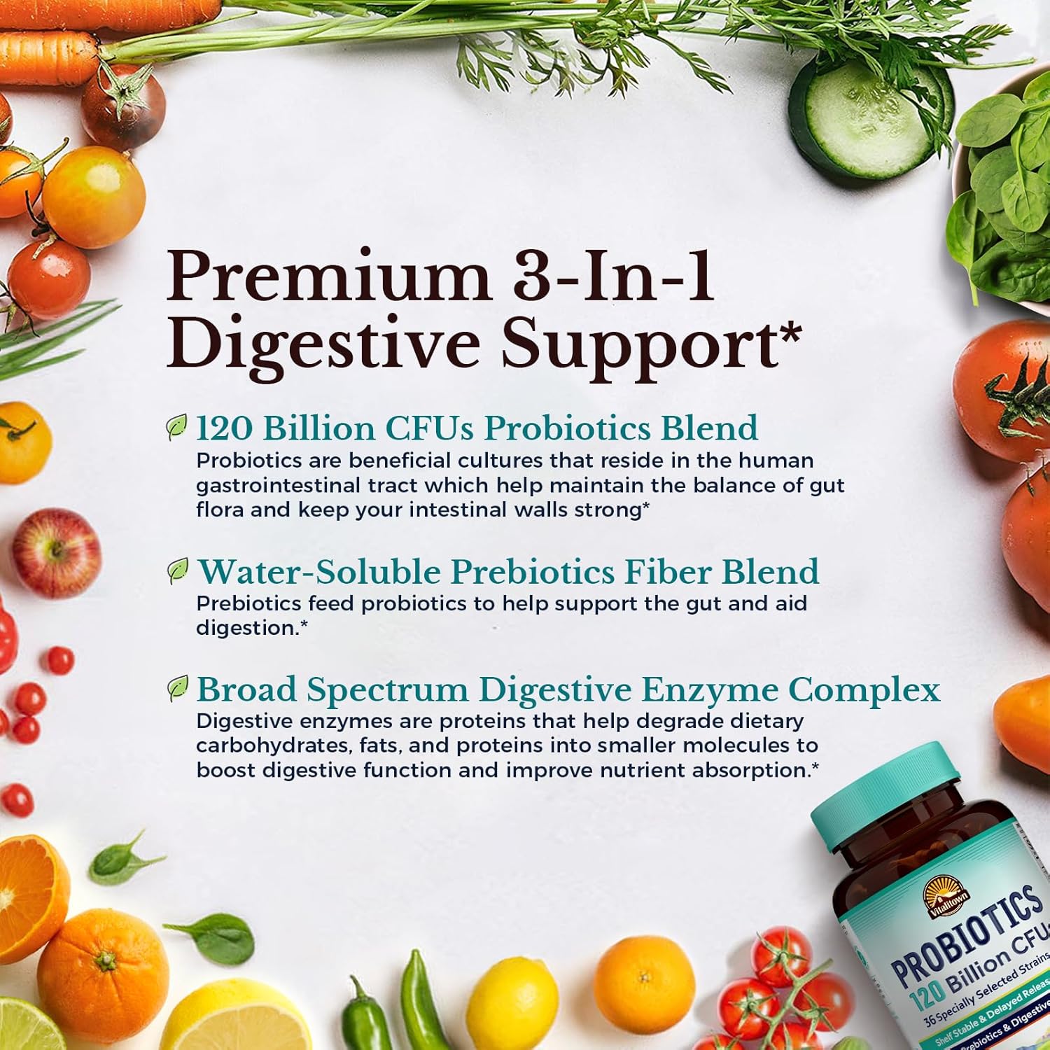 Vitalitown Probiotics 120 Billion CFUs 36 Strains with Prebiotics & Enzymes Shelf Stable Vegan Non-GMO Immune Support 60 Veg Caps