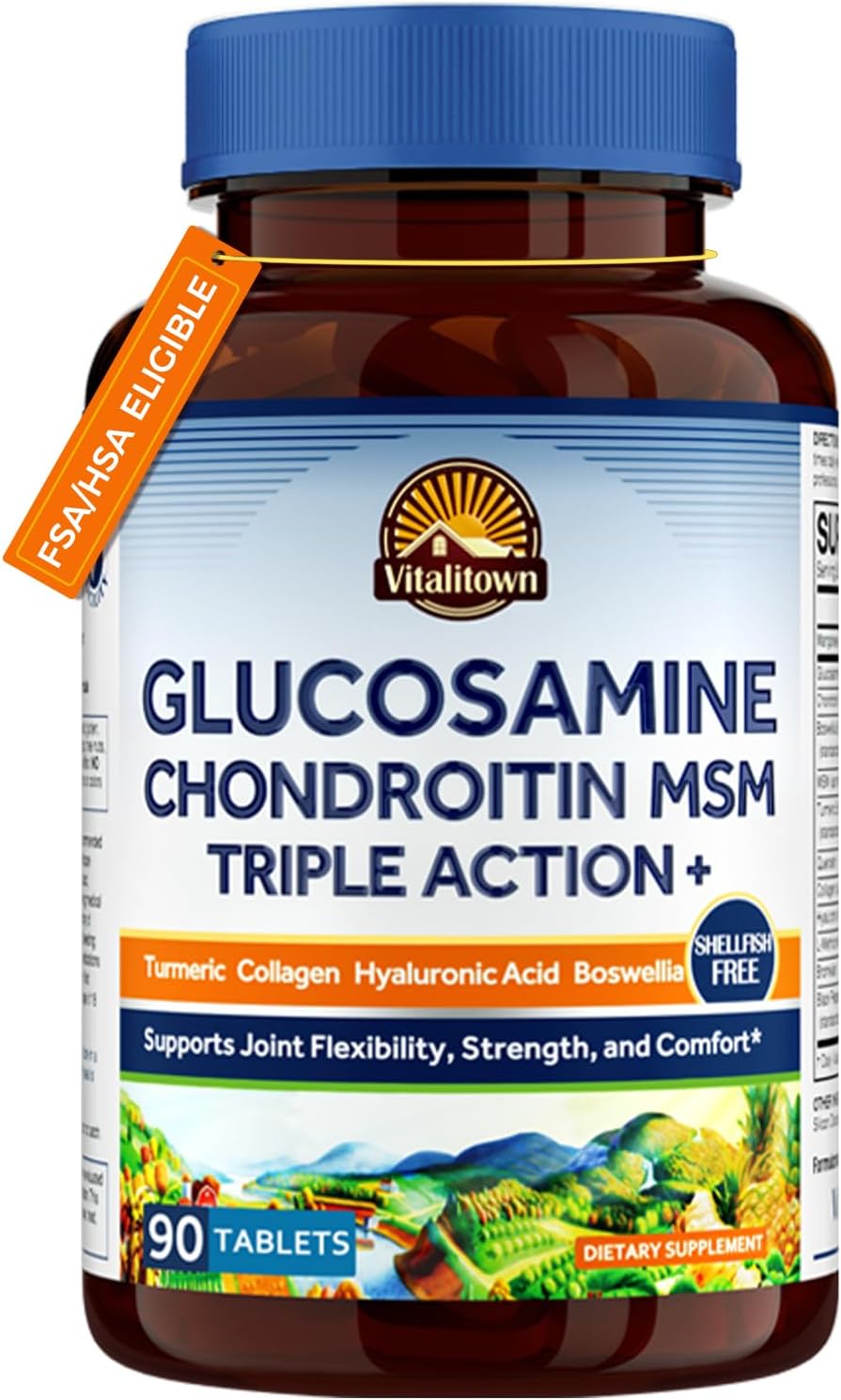Vitalitown Triple Action+ Joint Formula with Collagen, Turmeric, and Hyaluronic Acid - 90 Tablets, Shellfish-Free