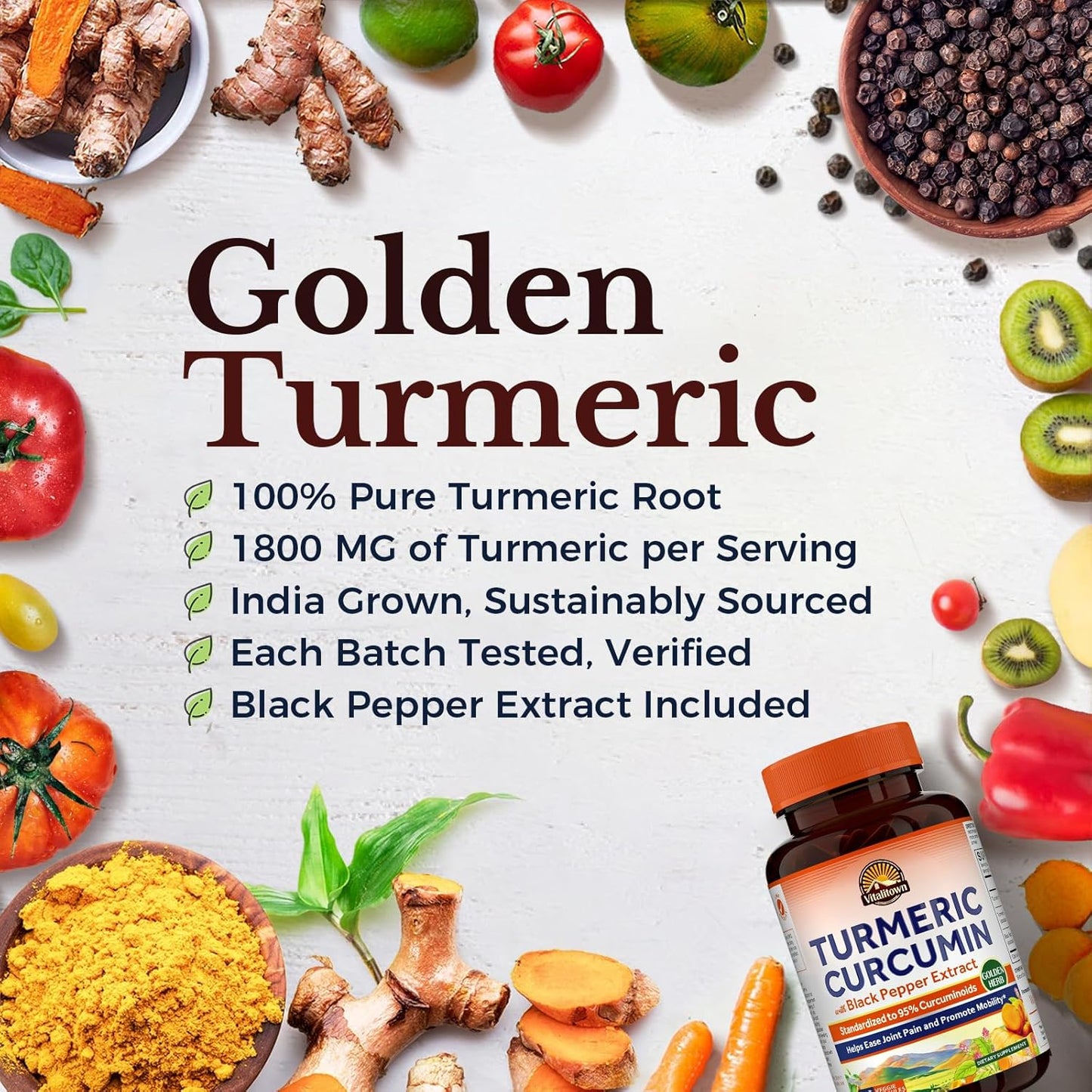 Vitalitown Turmeric Curcumin Root with Black Pepper - 1800MG, 95% Standardized Curcuminoids, High Absorption, Vegan - 90 ct