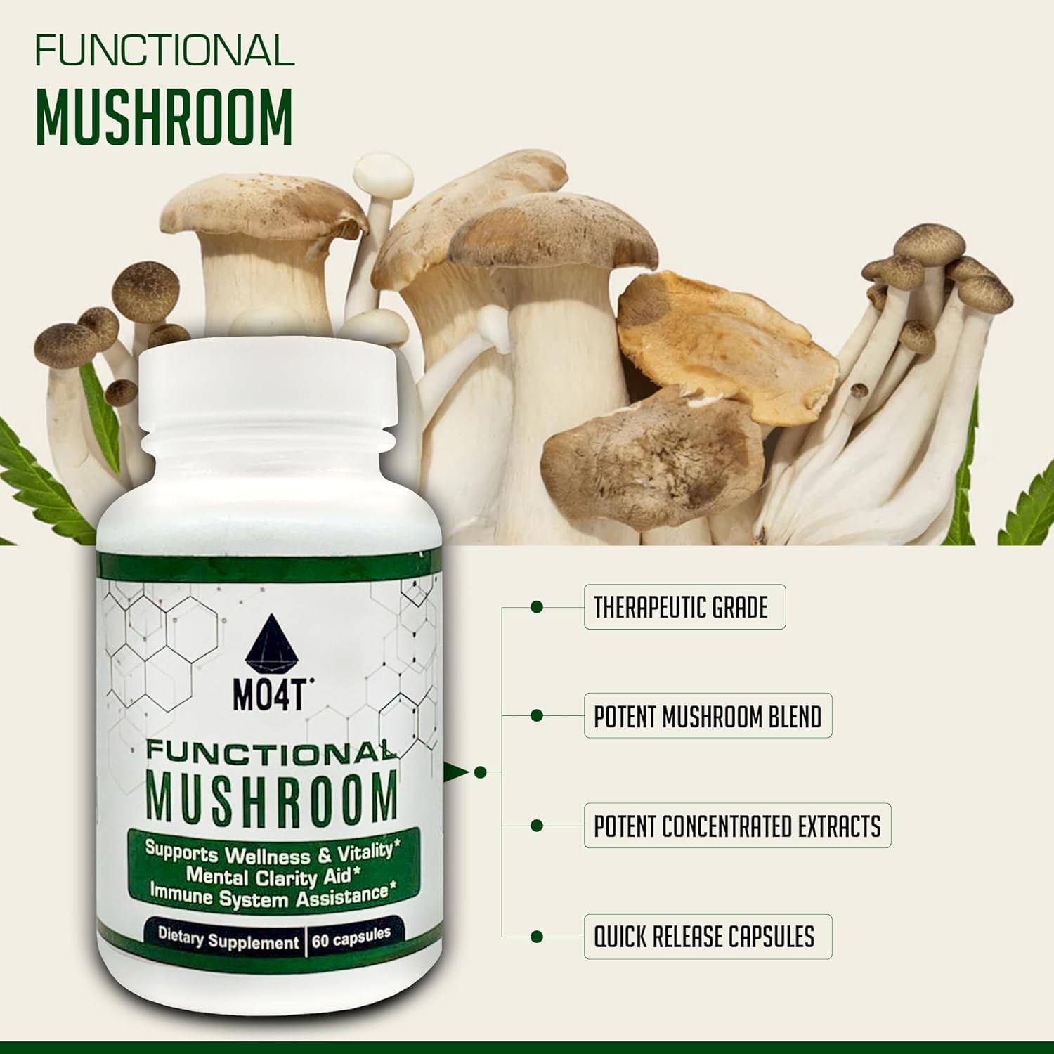 Vitality and Immune Support with MO4T Functional Mushroom Blend - 60 Capsules