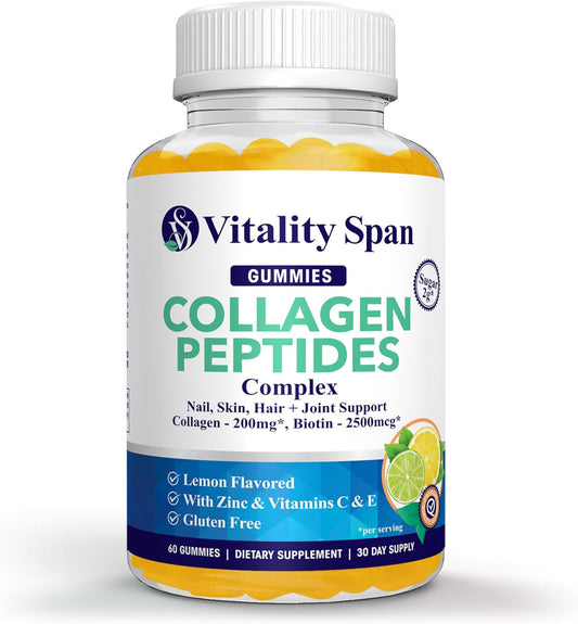 Vitality Span Collagen Gummies with Biotin, Vitamins C, E, Zinc for Beautiful Skin, Hair Growth, Strong Nails, Healthy Joints - 60 Gummies, Lemon Flavor, Low Sugar - Made in USA
