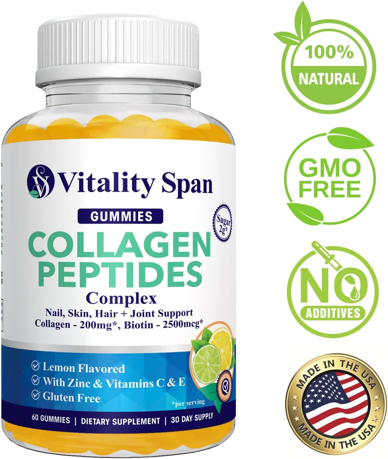 Vitality Span Collagen Gummies with Biotin, Vitamins C, E, Zinc for Beautiful Skin, Hair Growth, Strong Nails, Healthy Joints - 60 Gummies, Lemon Flavor, Low Sugar - Made in USA