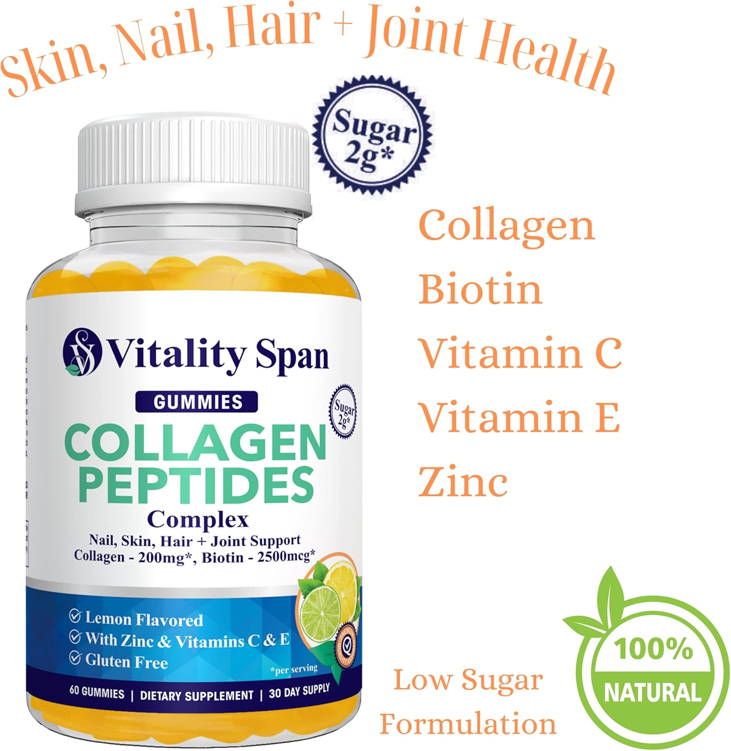 Vitality Span Collagen Gummies with Biotin, Vitamins C, E, Zinc for Beautiful Skin, Hair Growth, Strong Nails, Healthy Joints - 60 Gummies, Lemon Flavor, Low Sugar - Made in USA