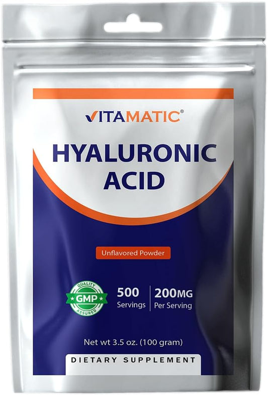 Vitamatic 200mg Hyaluronic Acid Powder - Supports Connective Tissue & Joints - Promotes Youthful Skin - 100g
