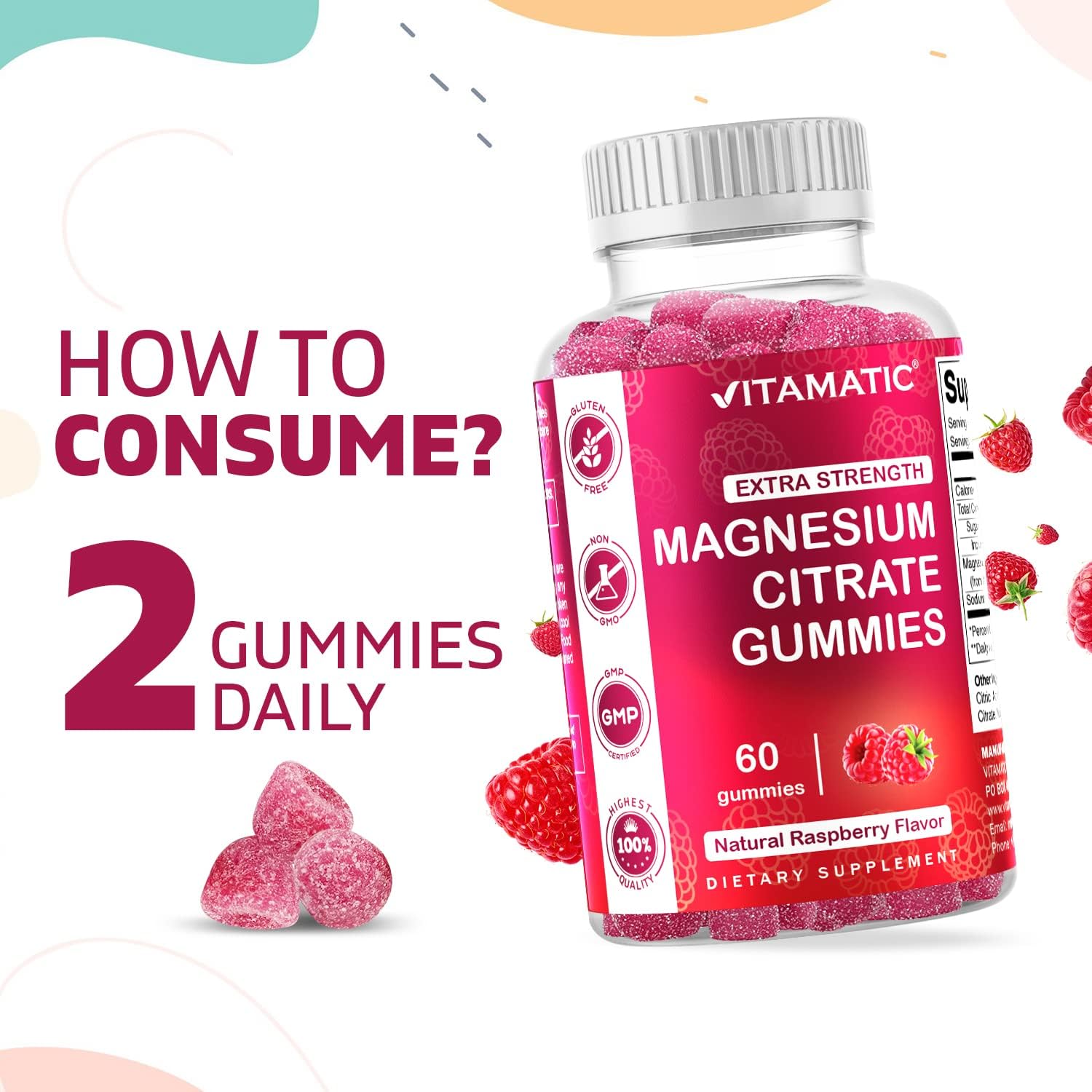 Vitamatic Extra Strength Magnesium Gummies - 255mg per Serving - Vegan & Promotes Relaxation, Muscle, Bone, Energy Support