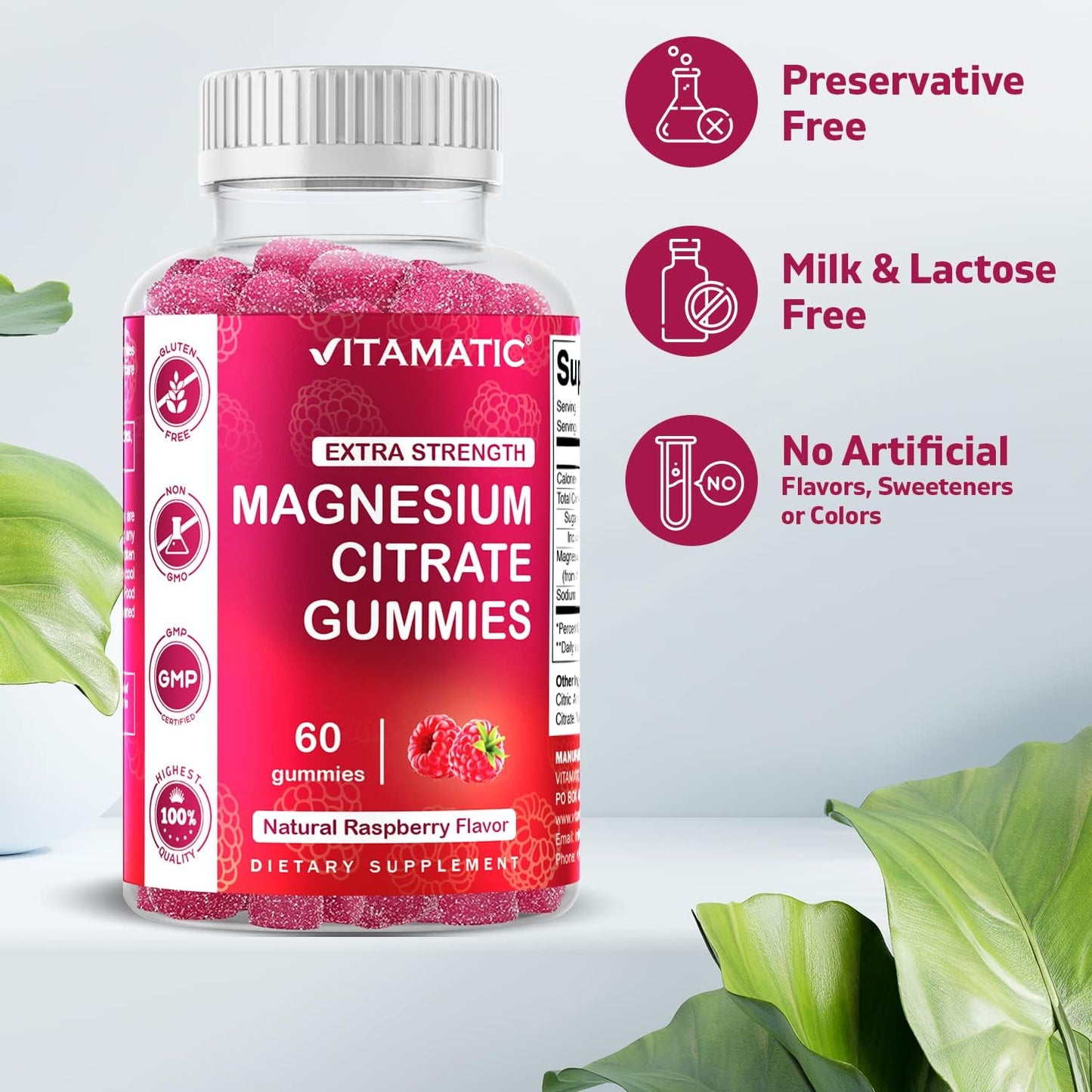 Vitamatic Extra Strength Magnesium Gummies - 255mg per Serving - Vegan & Promotes Relaxation, Muscle, Bone, Energy Support
