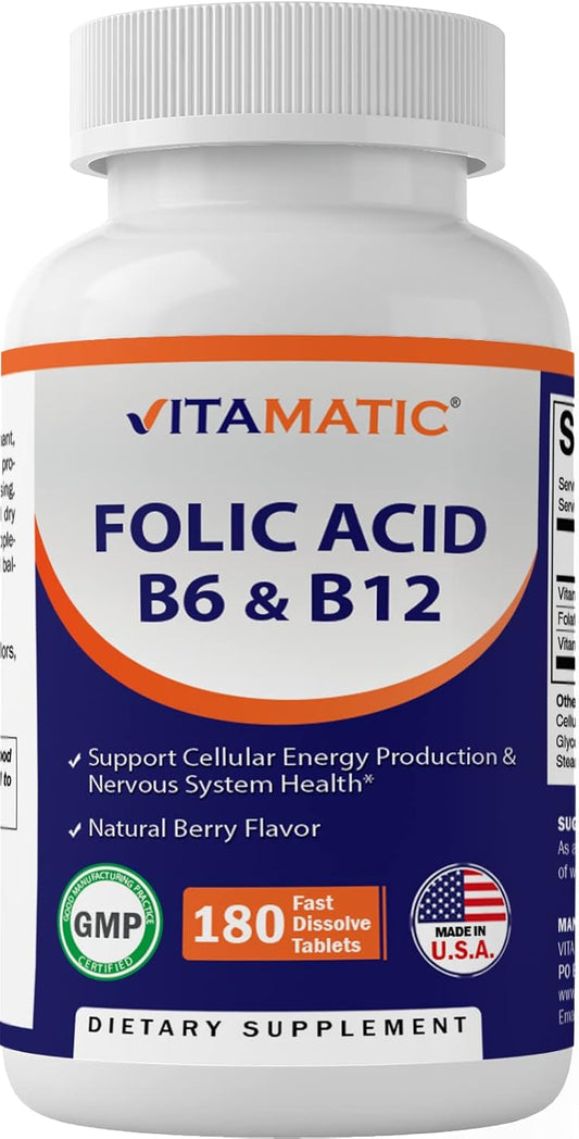 Vitamatic Folic Acid B12 B6 Tablets - Supports Heart Health, Energy, & Red Blood Cells - 180 Fast Dissolve Tablets