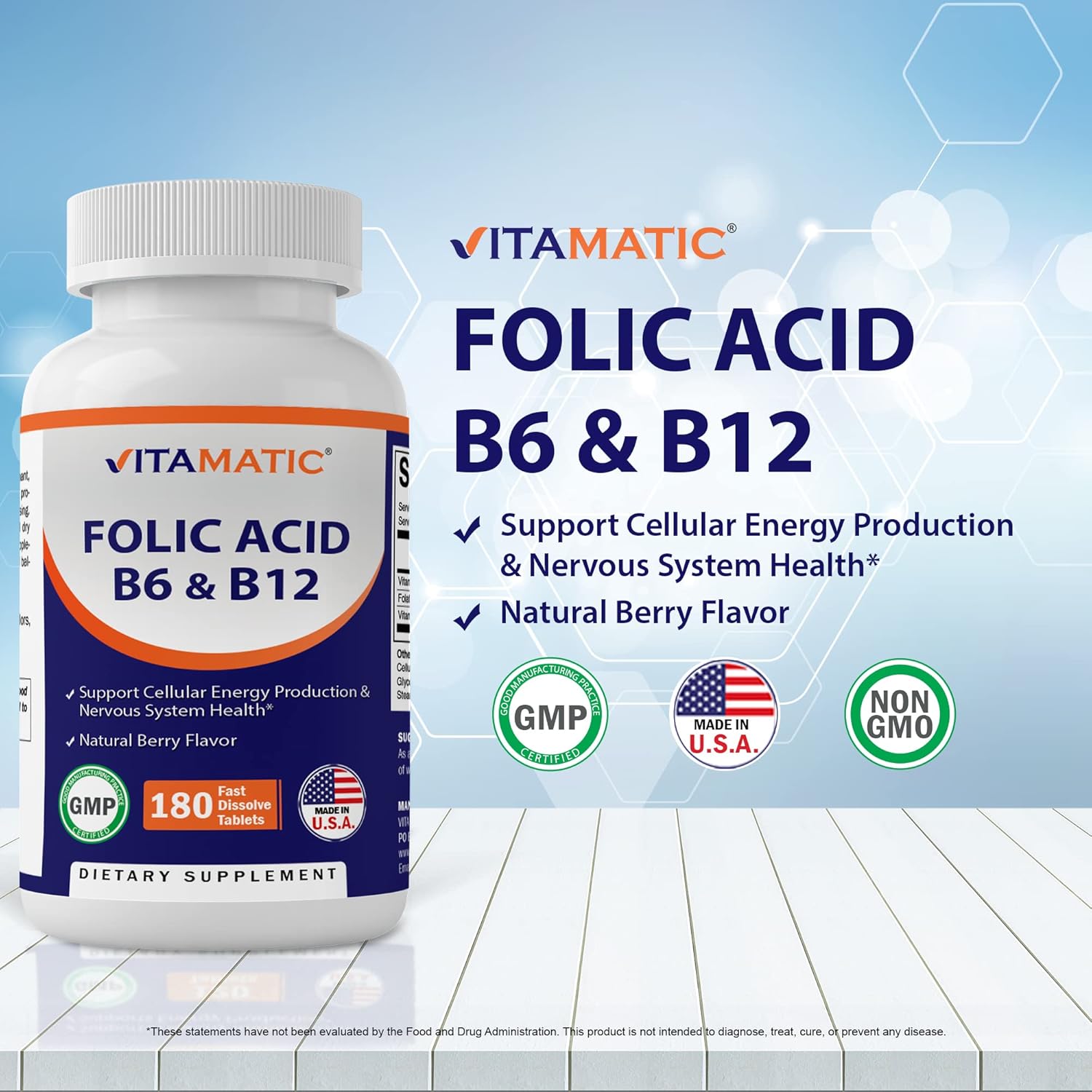 Vitamatic Folic Acid B12 B6 Tablets - Supports Heart Health, Energy, & Red Blood Cells - 180 Fast Dissolve Tablets