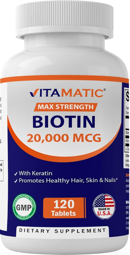 Vitamatic High Potency Biotin 20000 mcg Tablets with Keratin - 120 Vegetarian Supplements for Healthy Hair, Skin, & Nails