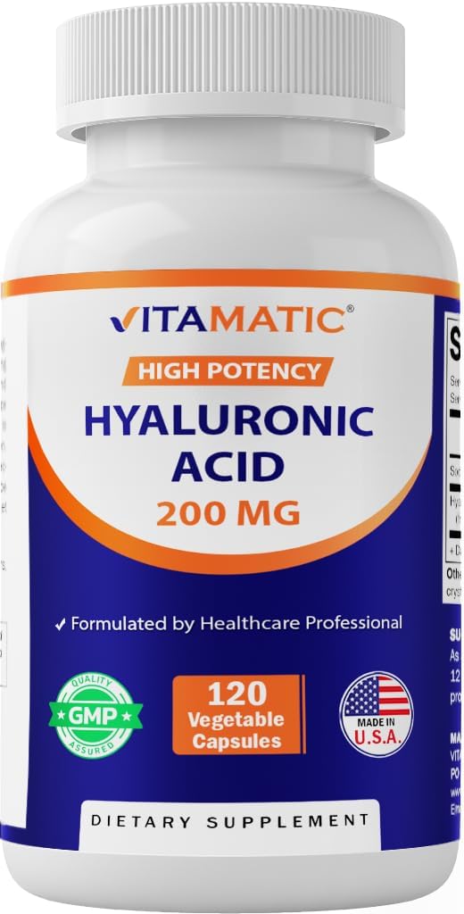 Vitamatic Hyaluronic Acid Supplements 200mg - Promotes Healthy Skin, Joints, and Connective Tissue - 120 Capsules