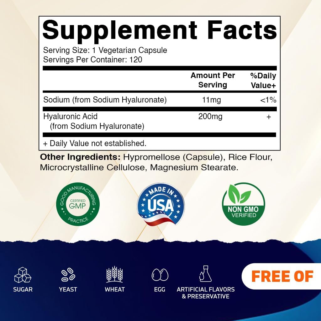 Vitamatic Hyaluronic Acid Supplements 200mg - Promotes Healthy Skin, Joints, and Connective Tissue - 120 Capsules