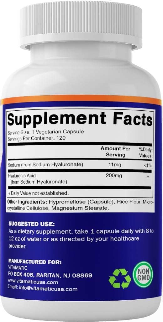Vitamatic Hyaluronic Acid Supplements 200mg - Promotes Healthy Skin, Joints, and Connective Tissue - 120 Capsules