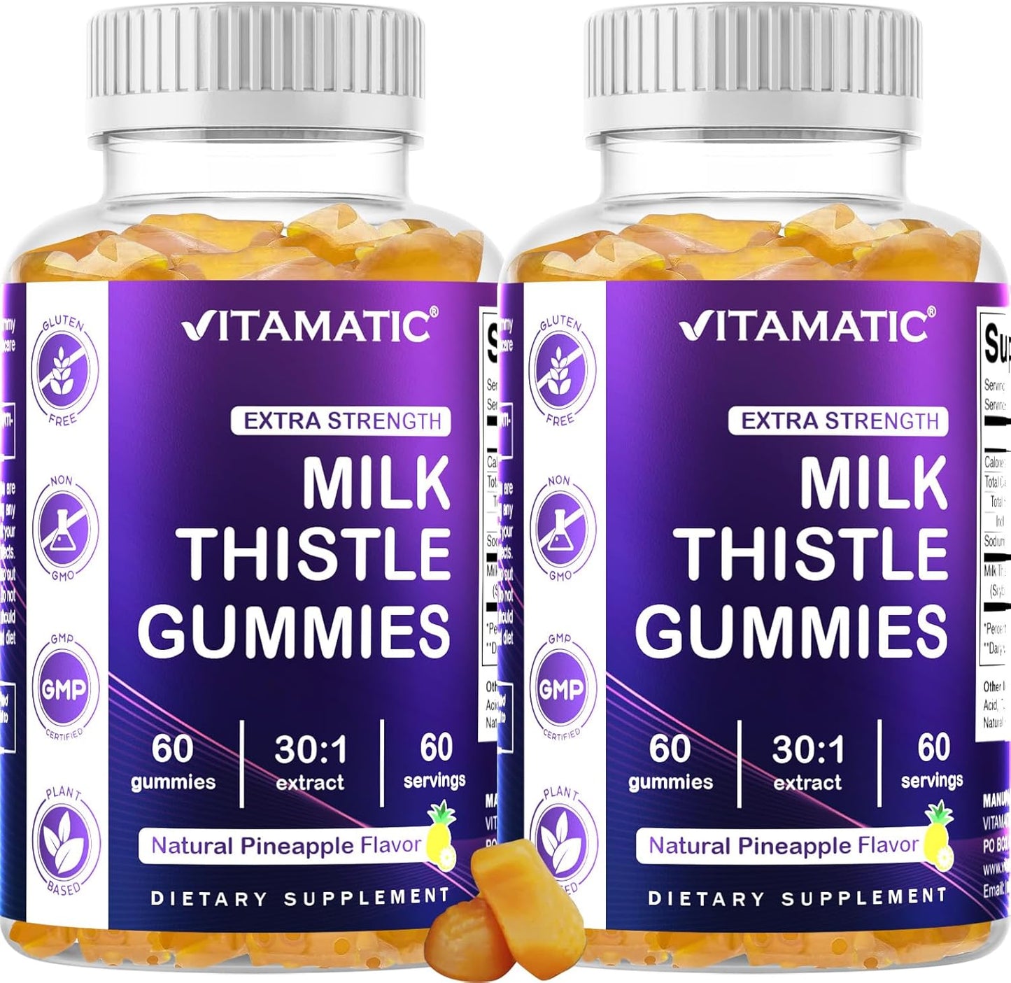 Vitamatic Milk Thistle Gummies 2 Pack - Liver Detox & Antioxidant Support - 30X Extract 100mg - 60 Pectin Gummies