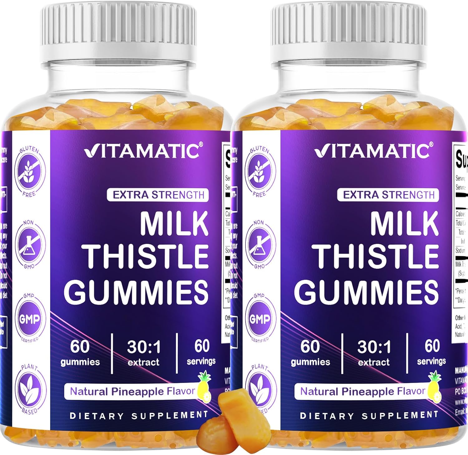 Vitamatic Milk Thistle Gummies 2 Pack - Liver Detox & Antioxidant Support - 30X Extract 100mg - 60 Pectin Gummies