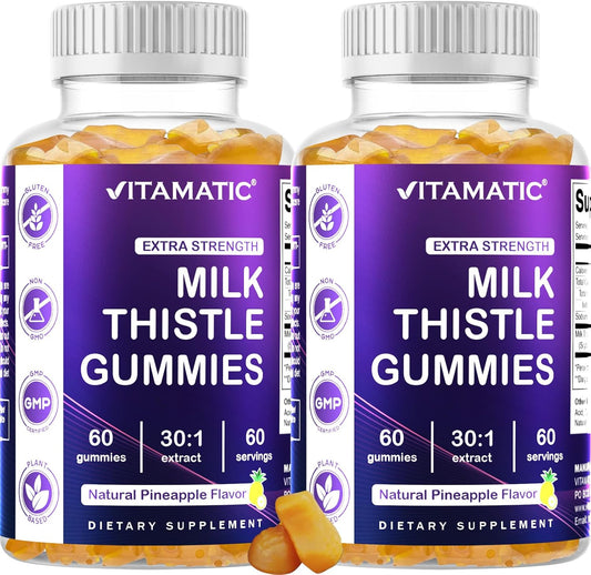 Vitamatic Milk Thistle Gummies 2 Pack - Liver Detox & Antioxidant Support - 30X Extract 100mg - 60 Pectin Gummies