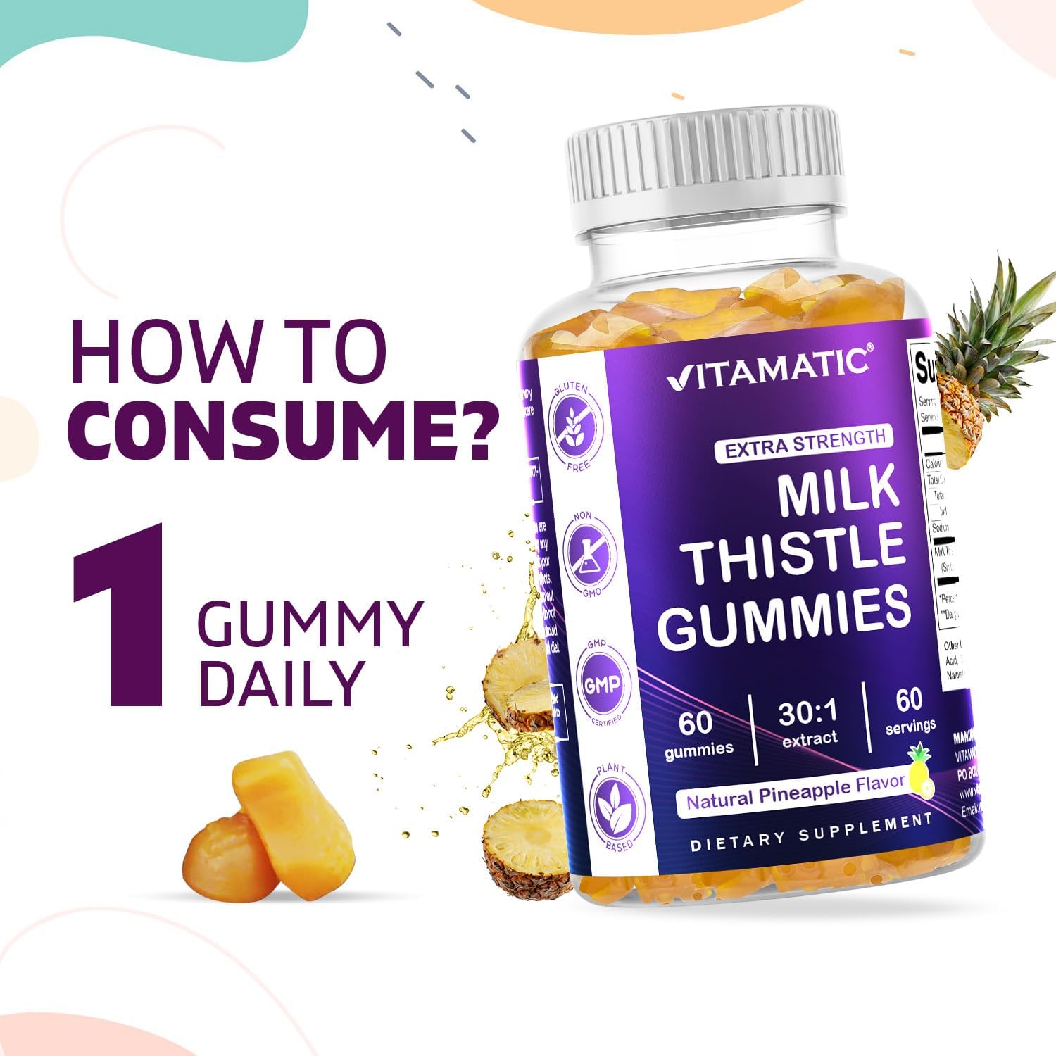Vitamatic Milk Thistle Gummies 2 Pack - Liver Detox & Antioxidant Support - 30X Extract 100mg - 60 Pectin Gummies