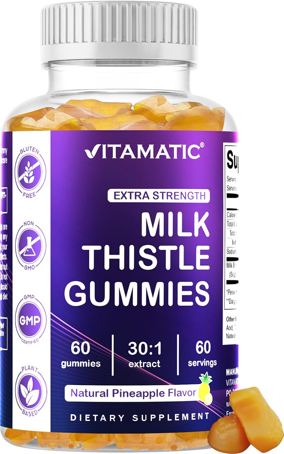 Vitamatic Milk Thistle Gummies 2 Pack - Liver Detox & Antioxidant Support - 30X Extract 100mg - 60 Pectin Gummies