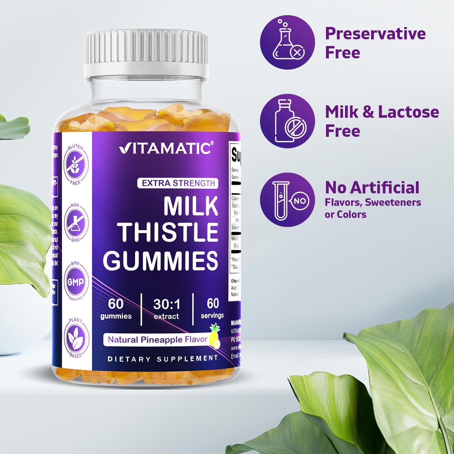 Vitamatic Milk Thistle Gummies 2 Pack - Liver Detox & Antioxidant Support - 30X Extract 100mg - 60 Pectin Gummies
