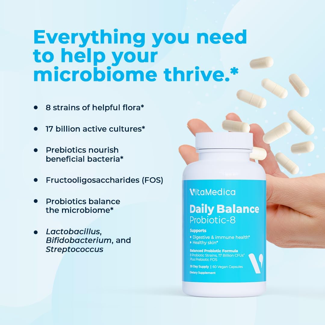 VitaMedica Daily Balance Probiotic-8 Supplement for Gut Health - 16 Billion CFUs, Digestive and Immune Support - Vegan, 60 Count