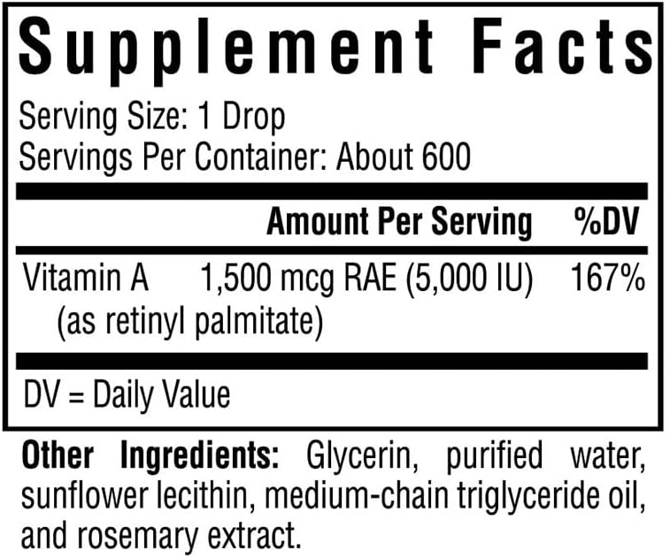 Vitamin A Drops for Eye & Skin Health - Liquid Supplement with Retinyl Palmitate - Antioxidant Support - Soy & Gluten-Free - 1 fl oz, 1500mcg