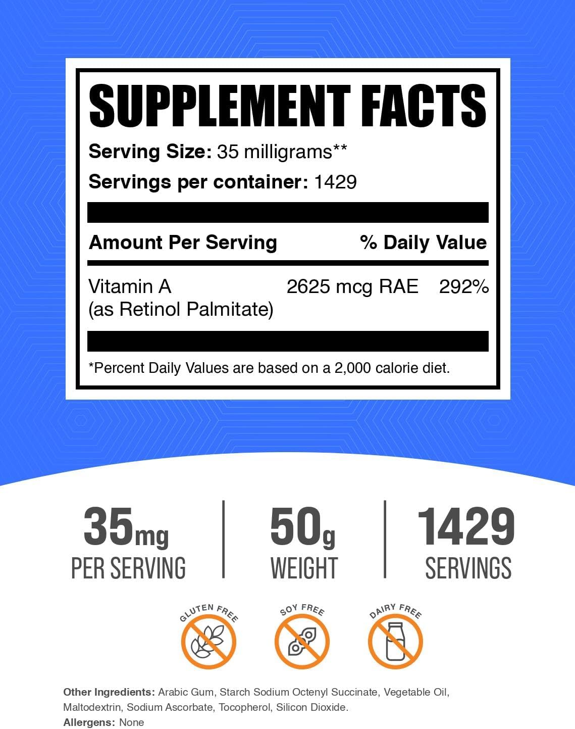 Vitamin A Palmitate Powder - Retinol Palmitate Supplement for Immune & Eye Health - Gluten Free, 35mg per Serving, 50g (1.8 oz) - BulkSupplements