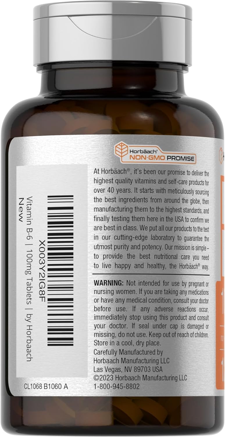 Vitamin B-6 100mg Tablets | 120 Vegetarian | Pyridoxine HCl | Non-GMO & Gluten Free