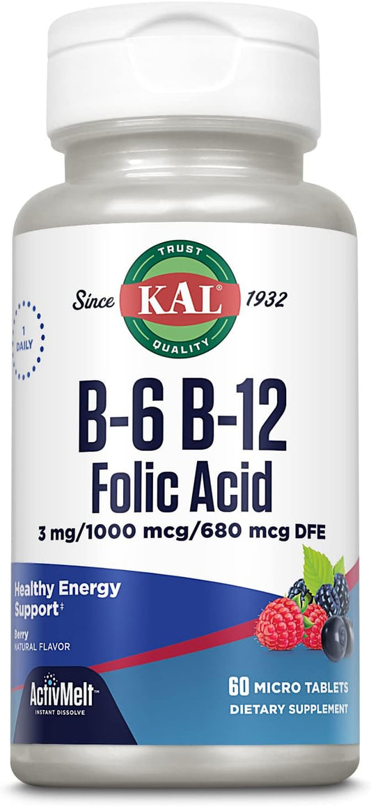 Vitamin B-6, B-12, and Folic Acid Supplement for Heart Health and Energy - 60 Berry Flavored ActivMelt Tablets