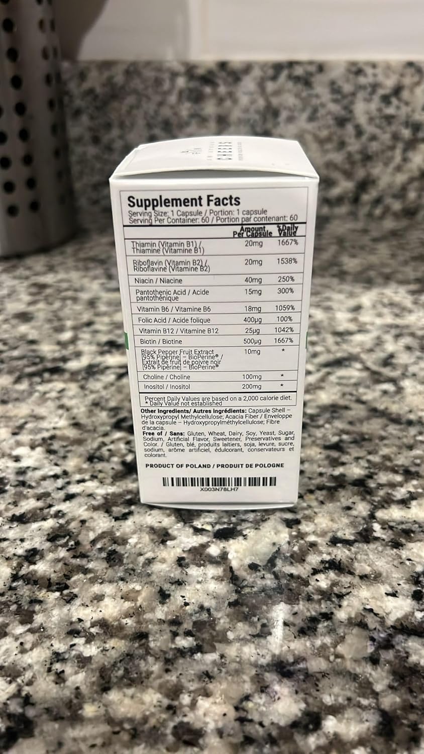 Vitamin B Complex Supplement - 60 Capsules | 415mg of B1, B2, B3 & B6 | Vegan Formula for Adults