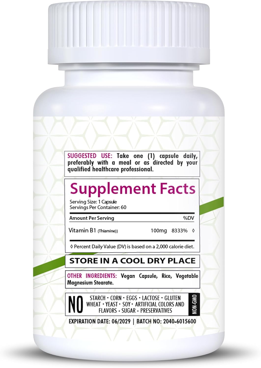 Vitamin B1 100mg Thiamine Supplement - 60 Capsules for Overall Health - Non-GMO & Gluten Free