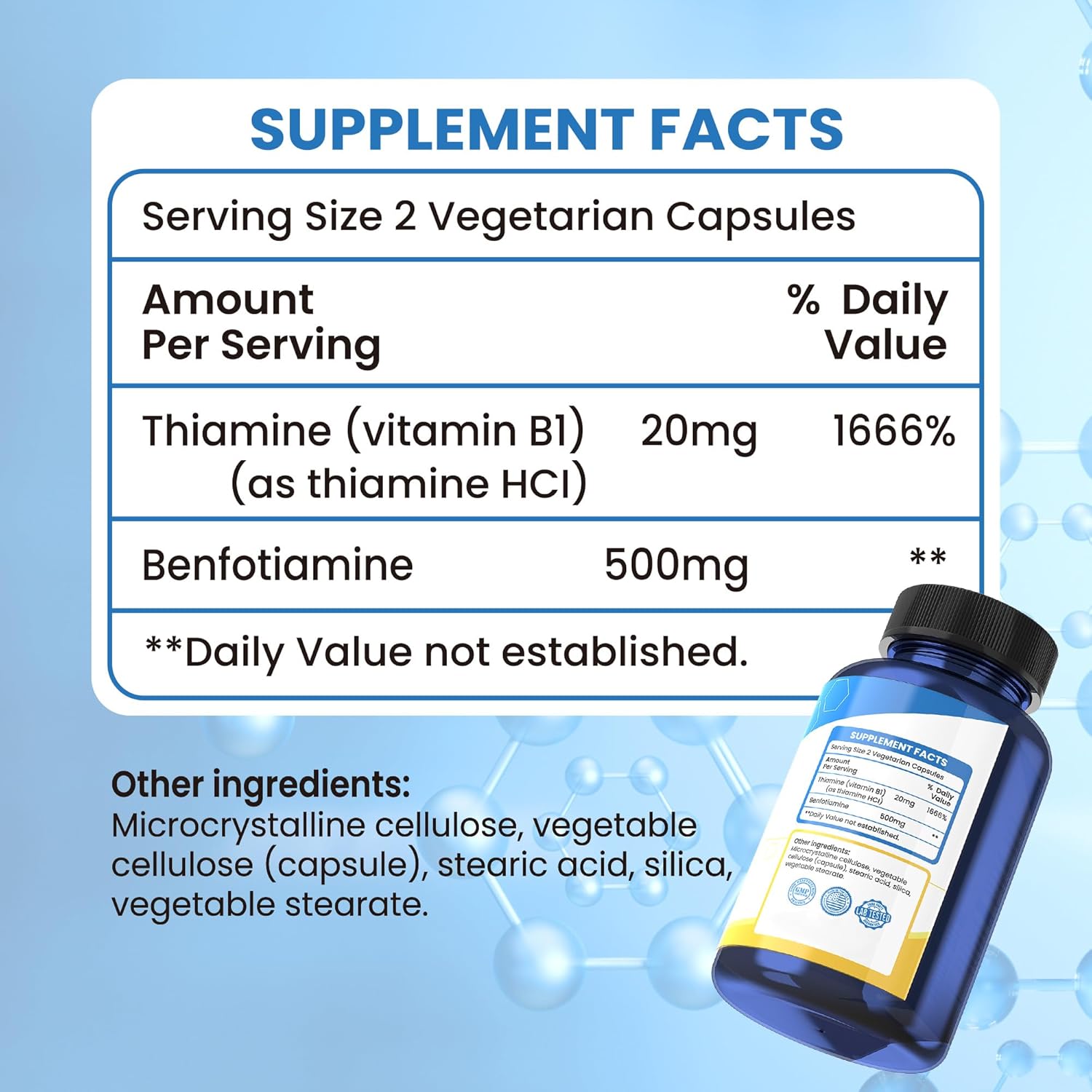 Vitamin B1 Supplement: 500mg per Capsule, 120 Capsules, Non-GMO, Vegan, Gluten-Free