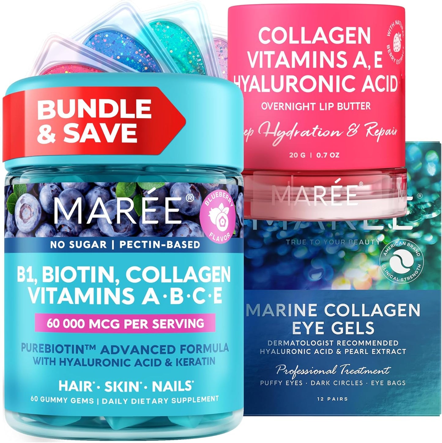 Vitamin B1 Thiamine Gummies, Lip Mask, Under Eye Gels with A, E, D, C Vitamins - Collagen & Hyaluronic Acid Complex for Skin, Nails, Hair - Hydrating Lip Mask - Depuffing Eye Gels for Puffy Eyes