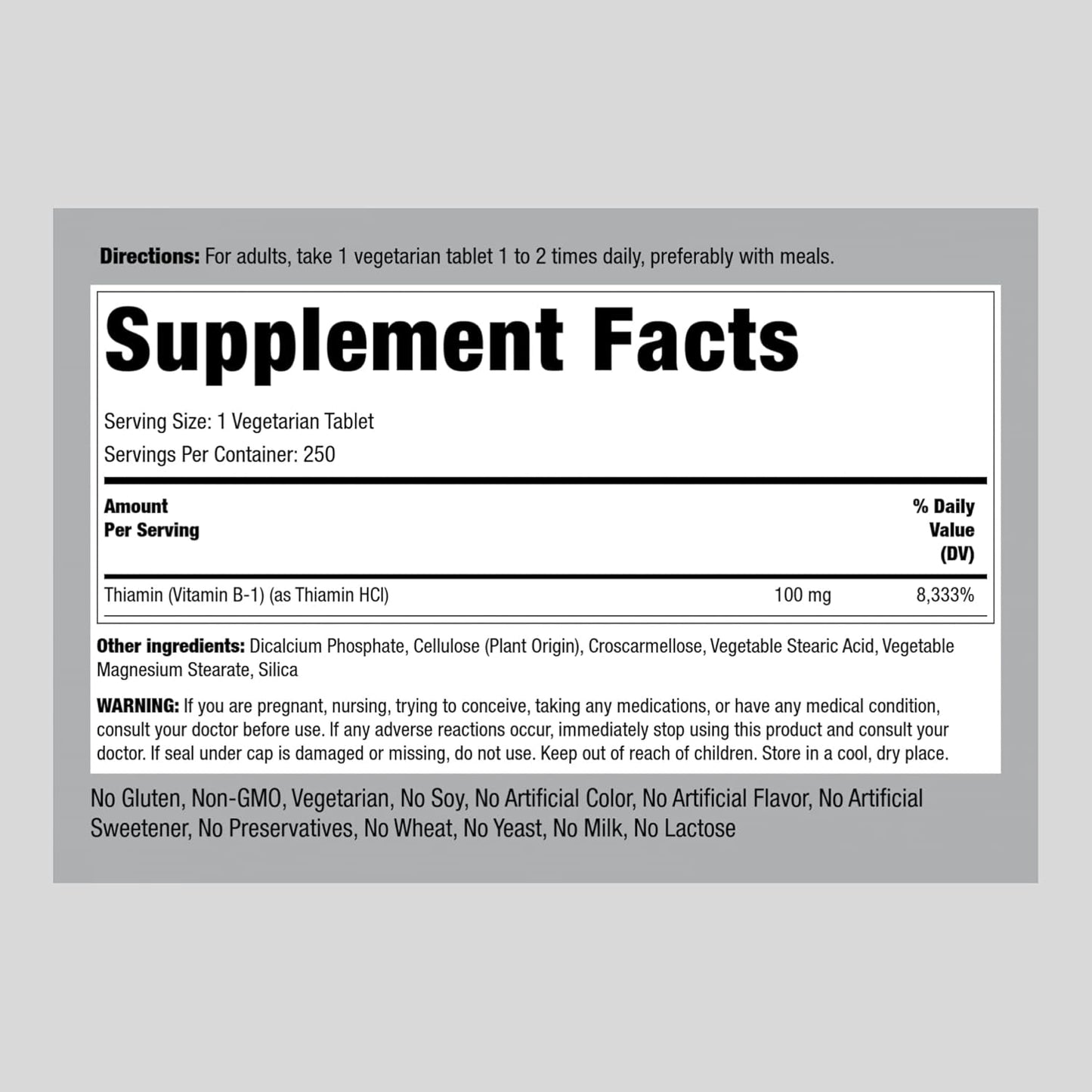 Vitamin B1 Thiamine Supplement 100mg | 250 Tablets | Vegetarian, Non-GMO, Gluten-Free by Piping Rock