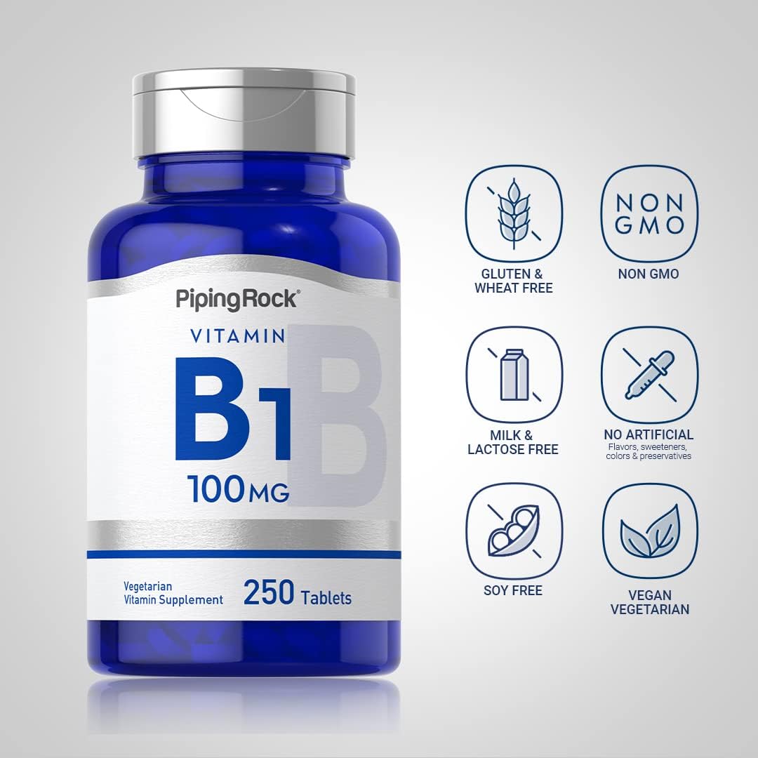 Vitamin B1 Thiamine Supplement 100mg | 250 Tablets | Vegetarian, Non-GMO, Gluten-Free by Piping Rock