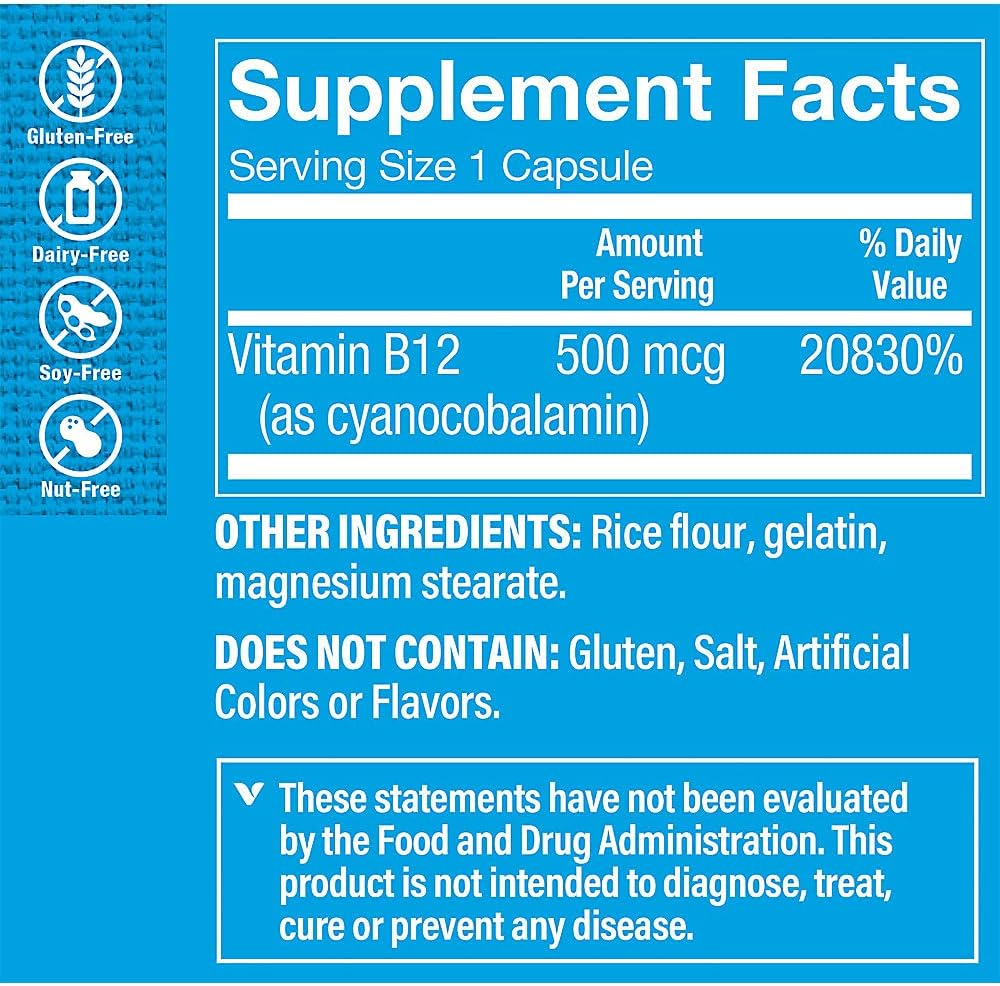 Vitamin B12 500mcg Capsules - Energy Support Dietary Supplement - Cyanocobalamin, Gluten & Dairy Free - 100 Count