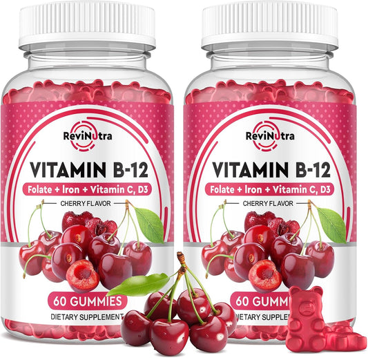 Vitamin B12 Gummies - 5000 mcg Methylcobalamin with Iron, Vitamin C, D3 & Folate - Energy Support, Metabolism, Immune Booster - B-12 Complex Chewables for Men & Women - 120 Count, 2 Pack