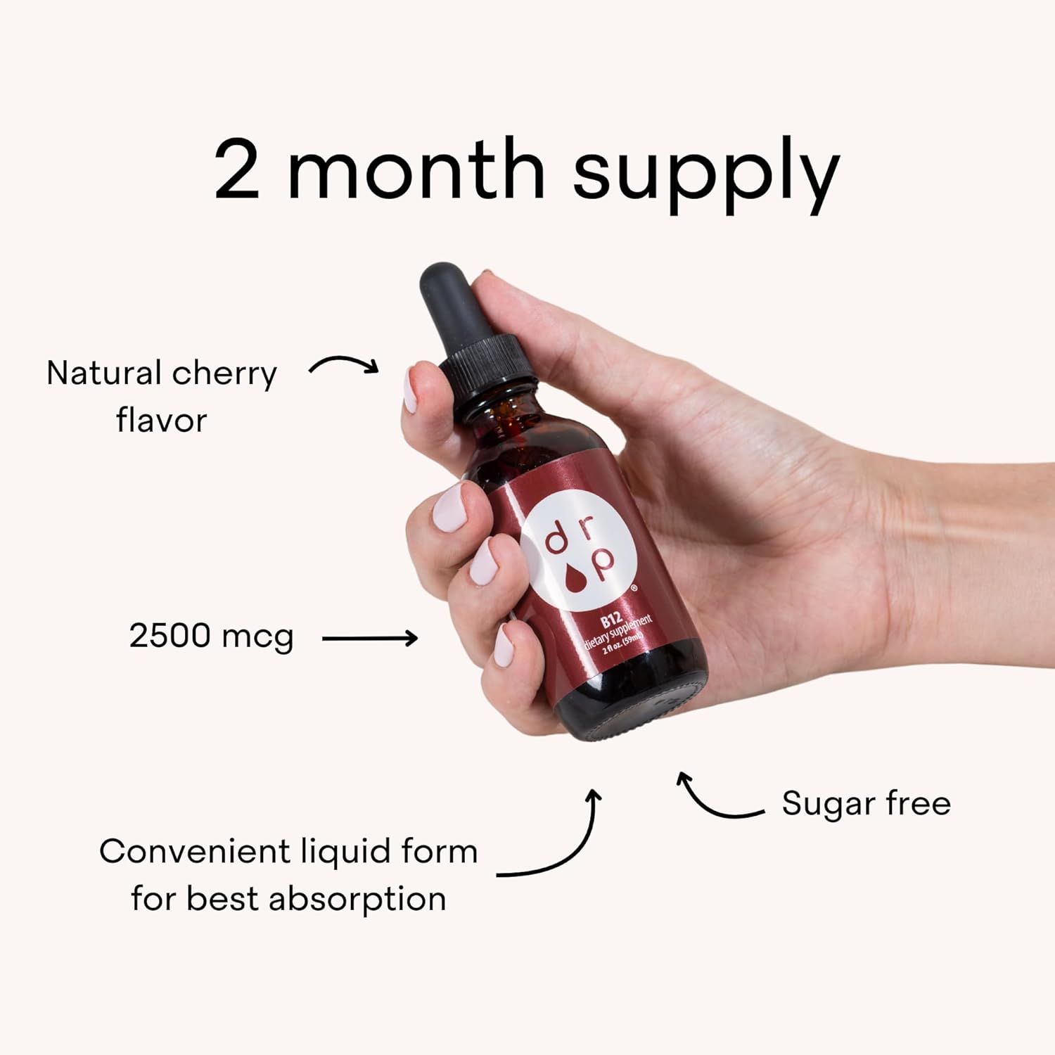 Vitamin B12 Liquid Drops 2500 mcg for Energy & Nervous System Health - Non-GMO, Gluten-Free, Vegan-Friendly