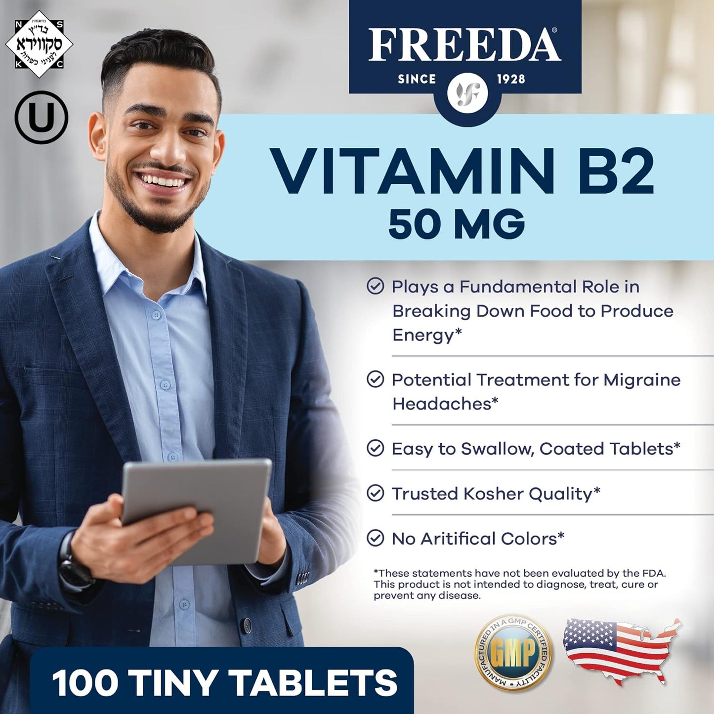 Vitamin B2 Riboflavin 50mg Supplement - Energy Metabolism, Migraine Relief, Nervous System Health - Kosher, Gluten Free, Vegan - 100 Ct