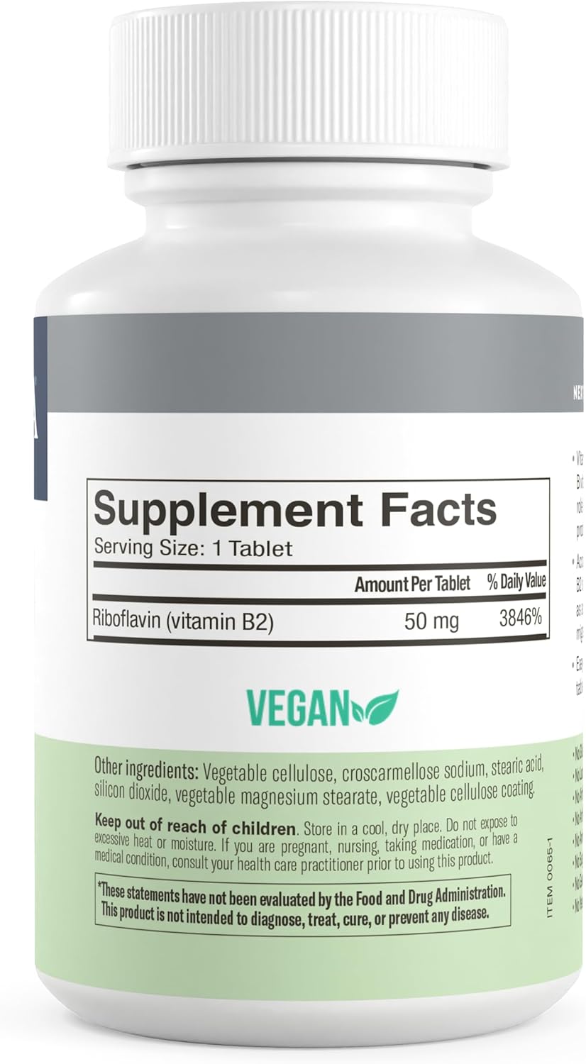 Vitamin B2 Riboflavin 50mg Supplement - Energy Metabolism, Migraine Relief, Nervous System Health - Kosher, Gluten Free, Vegan - 100 Ct