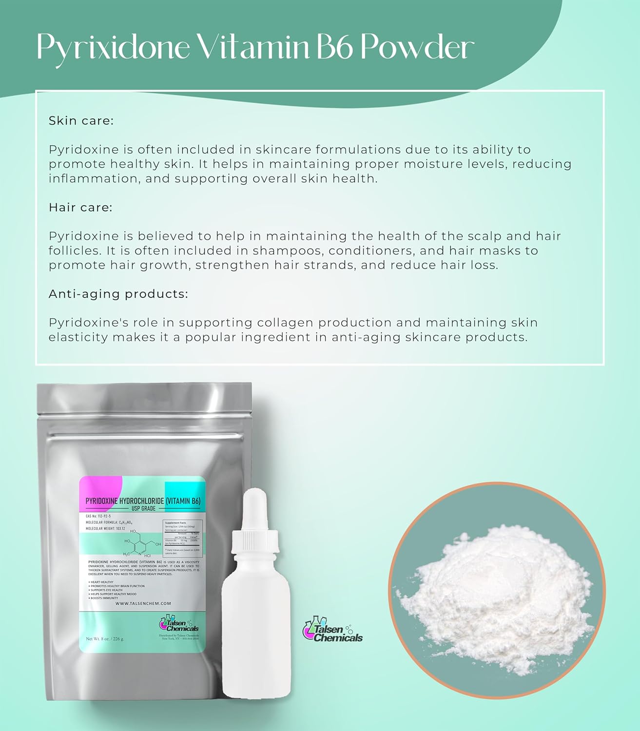 Vitamin B6 Powder for Metabolism Support and Nervous System Function - 4 Oz Pyridoxine HCL Powder by Talsen Chemicals
