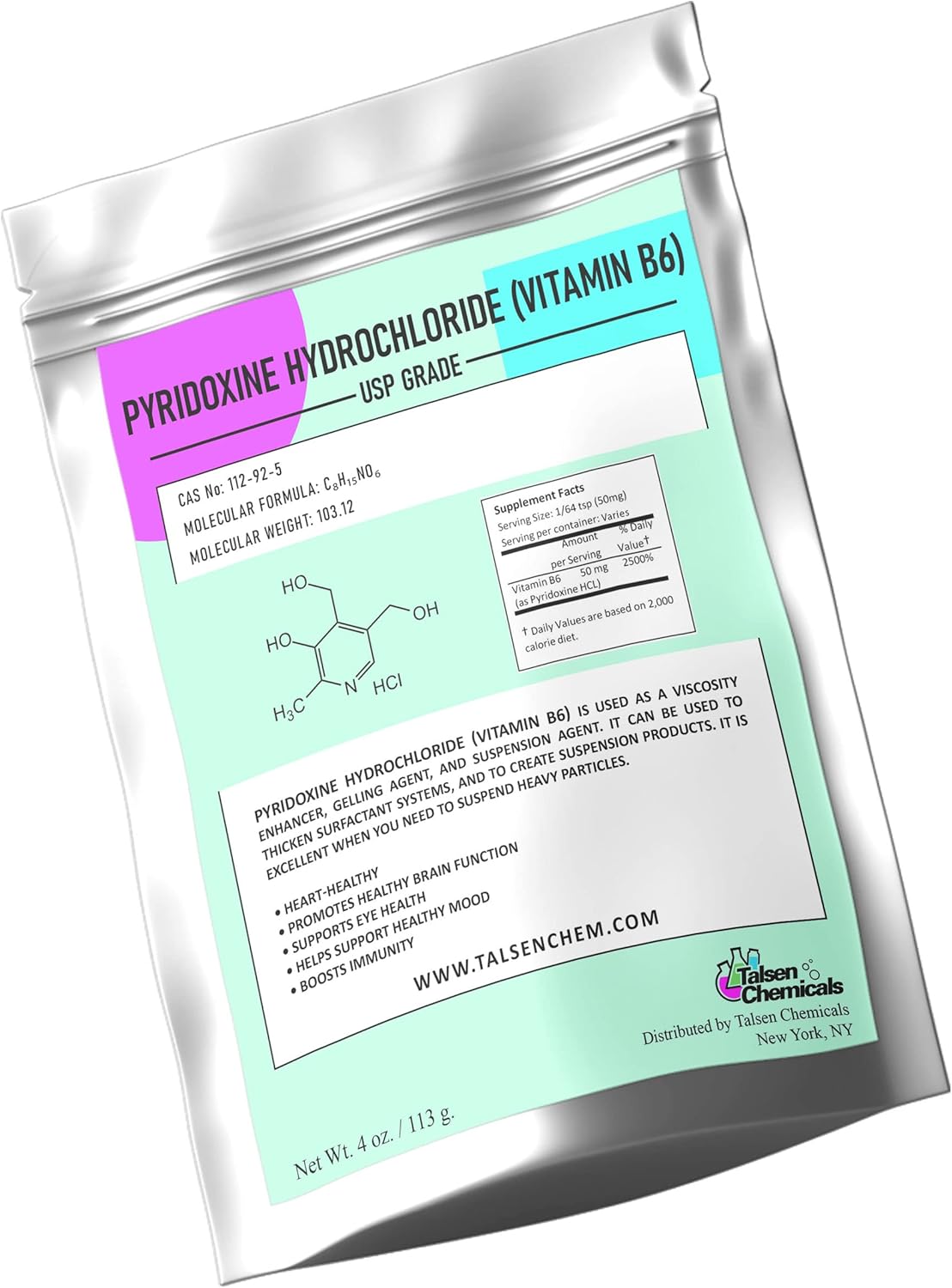 Vitamin B6 Powder for Metabolism Support and Nervous System Function - 4 Oz Pyridoxine HCL Powder by Talsen Chemicals