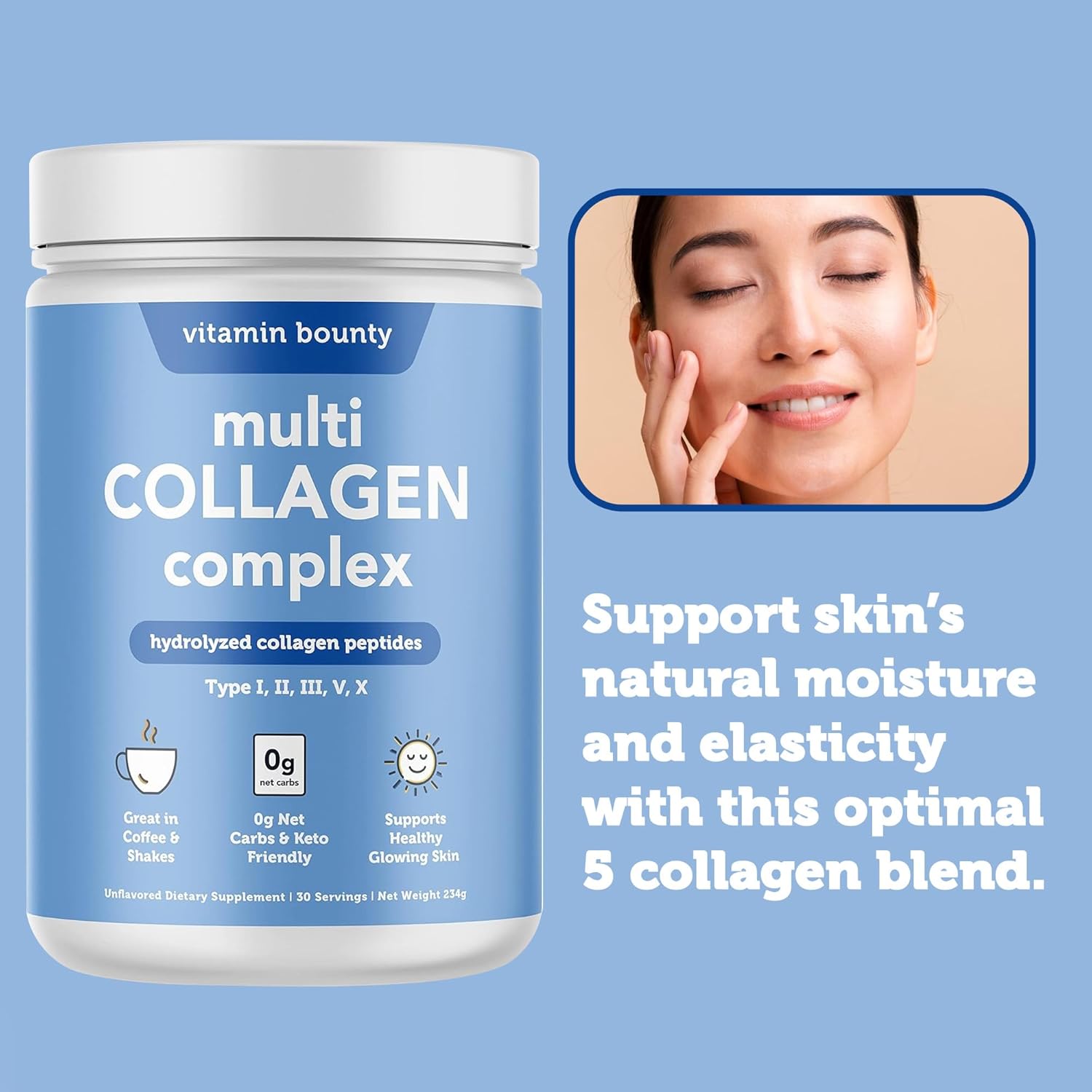 Vitamin Bounty Multi Collagen Complex - Supports Skin, Bone, Muscle Strength - Hydration, Elasticity, Healthy Joints - Natural Ingredients - 5 Types