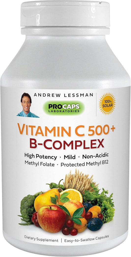 Vitamin C 500 Plus B-Complex Capsules with Citrus Bioflavonoids - Immune Support and Antioxidant Boost - 180 Count, Non-Acidic Formula, No Additives, Easy-to-Swallow