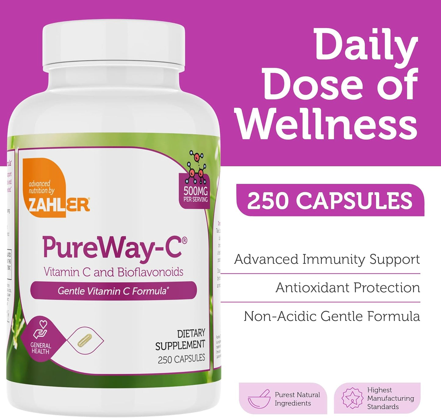 Vitamin C 500mg Capsules with Bioflavonoids - Gentle on Stomach - Immune Support - Gluten Free Non-GMO Supplement for Adults (250 Count) by Zahler